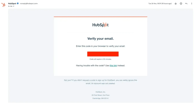 website with user accounts; an example of an email verification pop-up from hubspot
